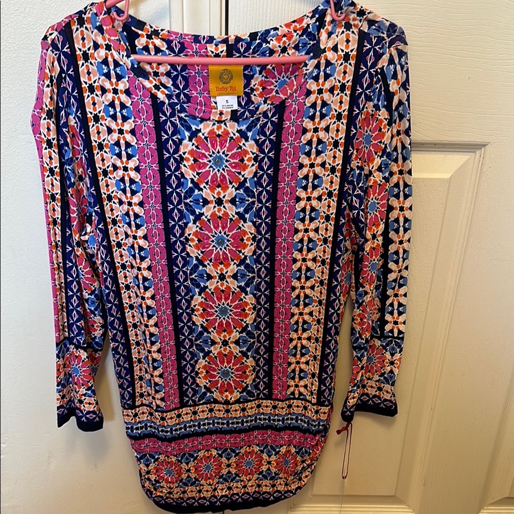 Ruby Rd Blue and Pink Graphic 3/4 Sleeve Tunic